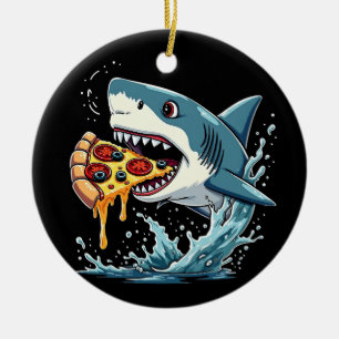 Shark Eating Pizza Funny Pizza Lover Ceramic Ornament