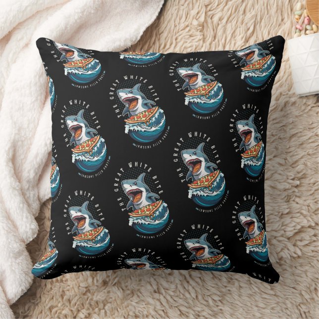 Shark Eating Pizza | The Great White Bite Jawsome  Throw Pillow (Blanket)