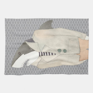 Shark Fashion Suit Watercolor Illustration K Kitchen Towel