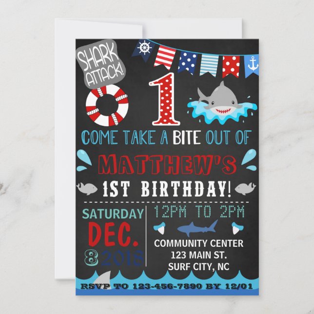 shark first birthday invitation (Front)