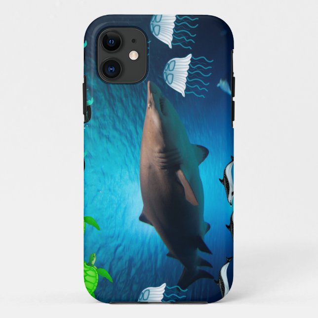 Shark Fish Turtles Dolphins Tropical Ocean Water Case-Mate iPhone Case (Back)