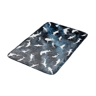 Shark fish white shadow on Dark galaxy Space Bath Mat