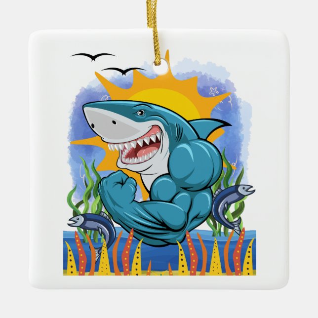 Shark Flexing Muscles Sea Life and Sunshine Ceramic Ornament (Front)
