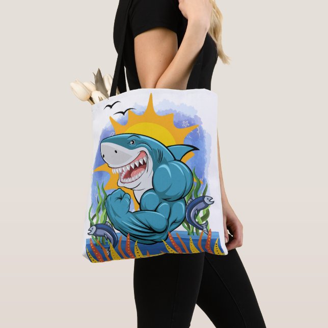 Shark Flexing Muscles Sea Life and Sunshine Style Tote Bag (Close Up)