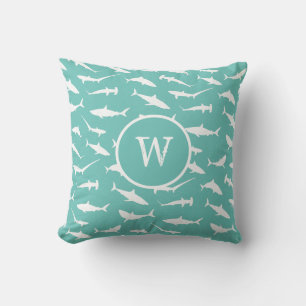 Shark Frenzy Blue White Monogram Throw Pillow
