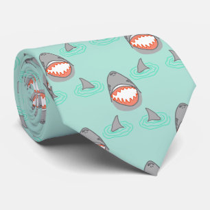Shark Heads & Fins in Grey on Aqua w/ Ripples Tie
