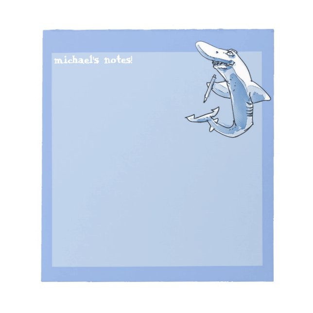 shark holds pencil funny cartoon customizable notepad (Front)