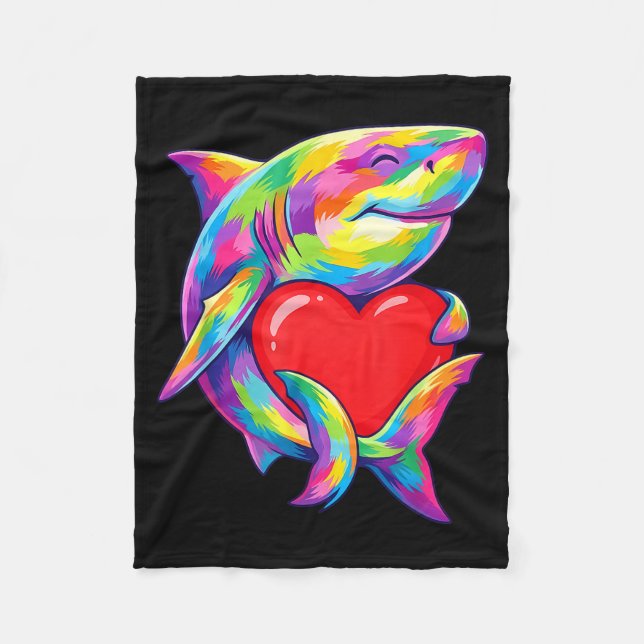 Shark Hugging Valentine Heart Color Critters Rainb Fleece Blanket (Front)