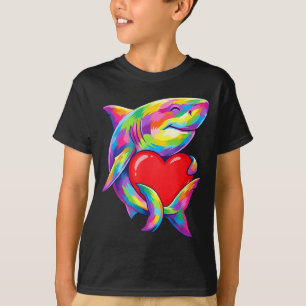 Shark Hugging Valentine Heart Color Critters Rainb T-Shirt