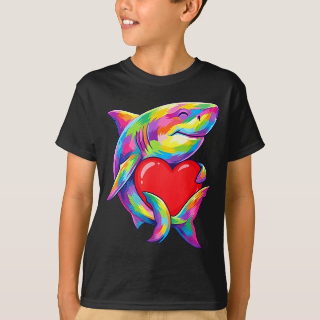Shark Hugging Valentine Heart Color Critters Rainb T-Shirt (Front)