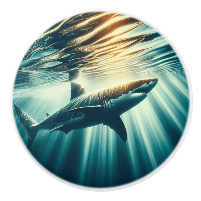Shark in the deep blue sea & sunlight ceramic knob (Front)