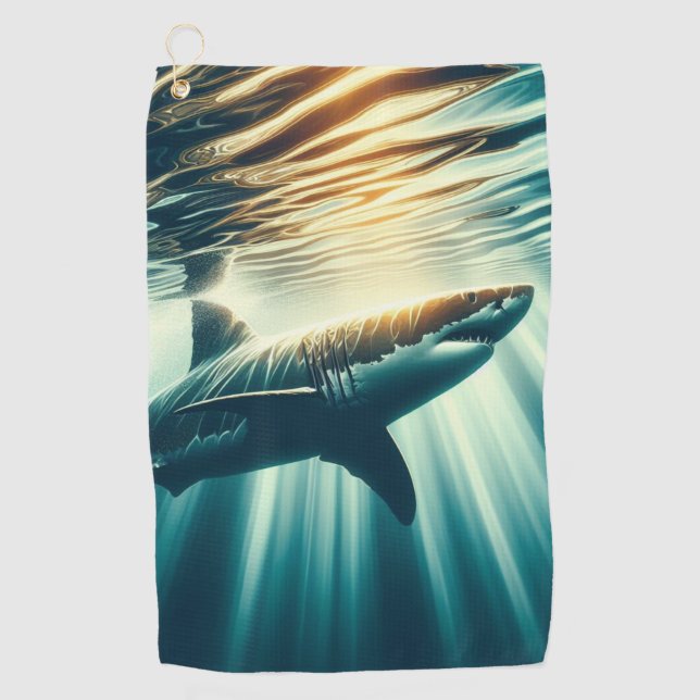 Shark in the deep blue sea & sunlight golf towel (Front)