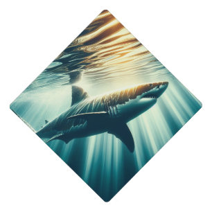 Shark in the deep blue sea & sunlight graduation cap topper