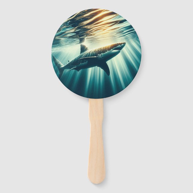 Shark in the deep blue sea & sunlight hand fan (Front)