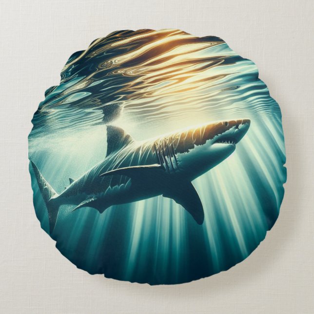 Shark in the deep blue sea & sunlight round pillow (Front)