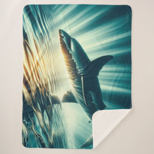 Shark in the deep blue sea & sunlight sherpa blanket