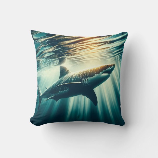 Shark in the deep blue sea & sunlight throw pillow (Front)
