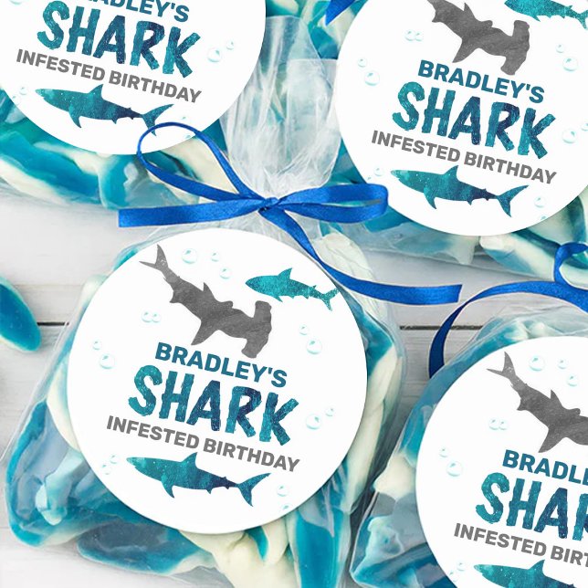 Shark Infested Any Age Birthday Party Classic Round Sticker (Creator Uploaded)