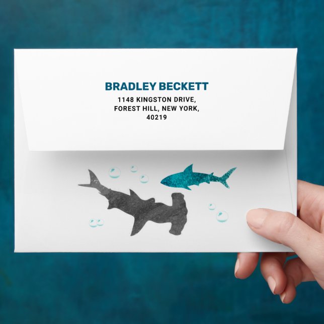 Shark Infested Any Age Birthday Party Envelope (Hand)