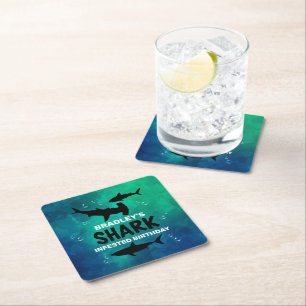 Shark Infested Any Age Birthday Party Square Paper Coaster