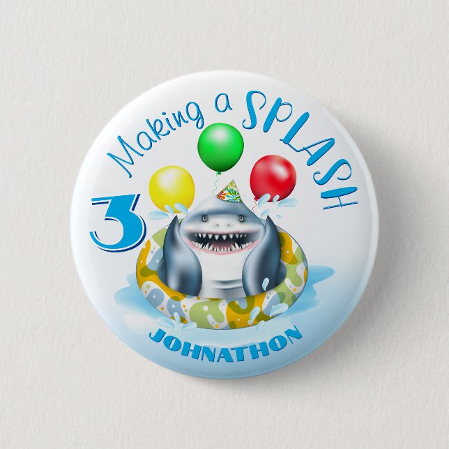 Shark Kids Birthday Pool Party 2 Inch Round Button (Front)