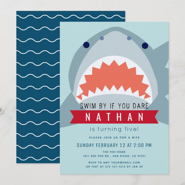 Shark Light Blue Pool Boy Birthday Invitation (Front/Back)