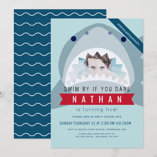 Shark Light Blue Pool Boy Photo Birthday Invitation (Front/Back)