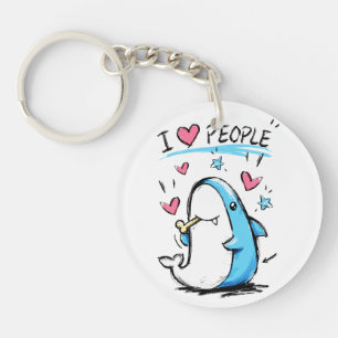 Shark Loves People Funny Doodle Cartoon Keychain