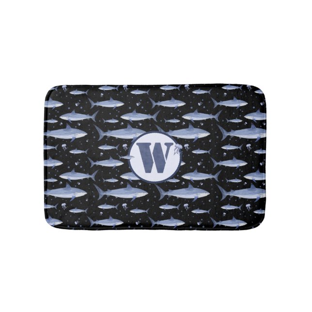 Shark Marine Life Sea Blue Watercolor Monogram Bath Mat (Front)