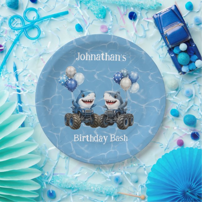 Shark Monster Truck Birthday Bash Paper Plate (Party)