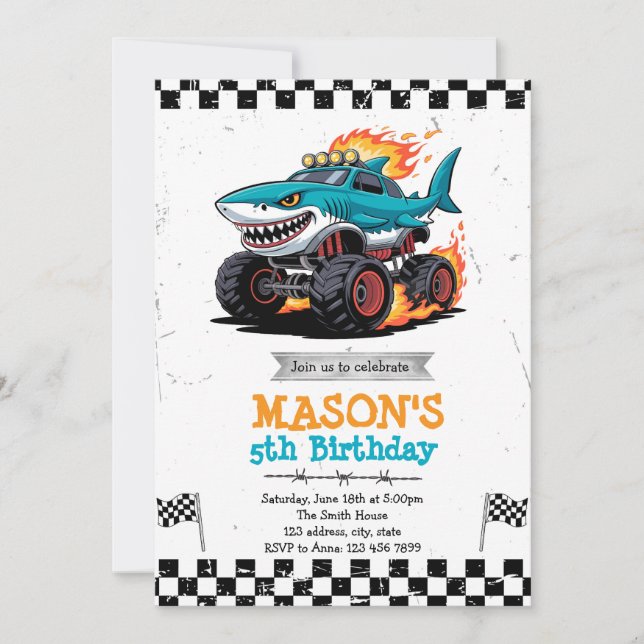 Shark Monster Truck fête d'anniversaire Invitation (Devant)