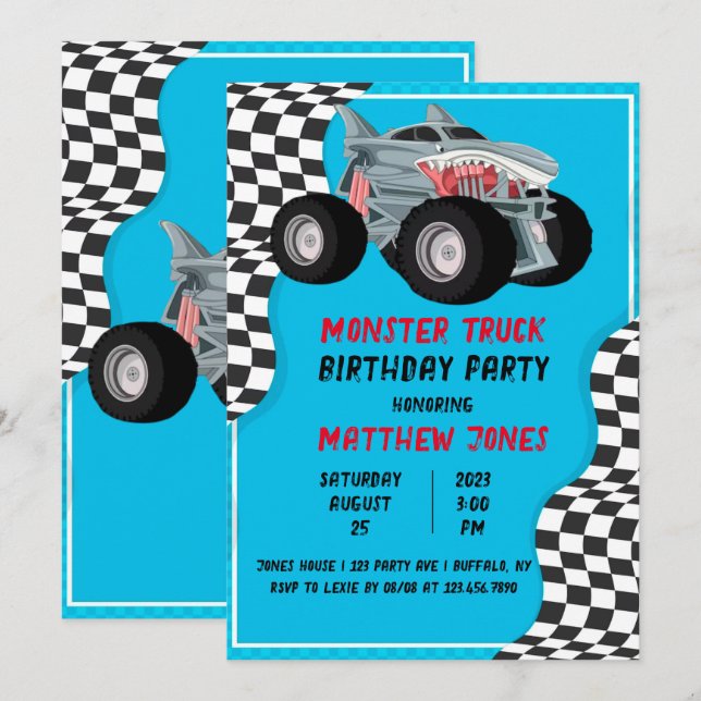 Shark Monster Truck Racing Flag Birthday Party Invitation (Front/Back)