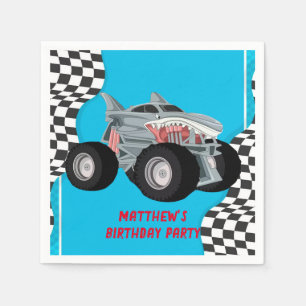 Shark Monster Truck Racing Flag Birthday Party Napkin