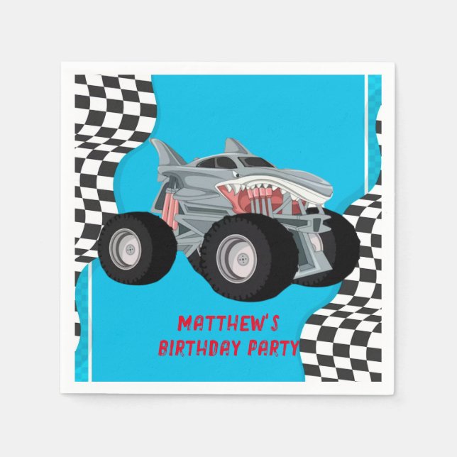 Shark Monster Truck Racing Flag Birthday Party Napkin (Front)