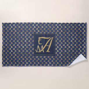 Shark Navy Blue Gold Monogram Home Decor Newlyweds Beach Towel