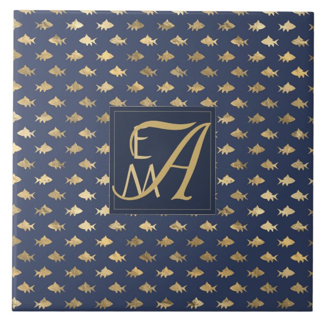 Shark Navy Blue Gold Monogram Home Decor Newlyweds Tile (Front)