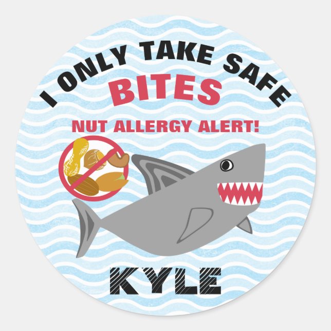 Shark Nut Allergy Alert Customized Cute Kids Classic Round Sticker (Front)
