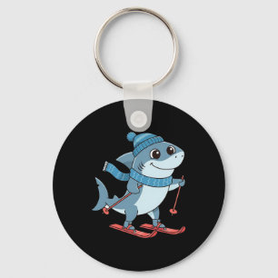 Shark On Skis Cozy Winter Alpine Slopes Cartoon  Keychain