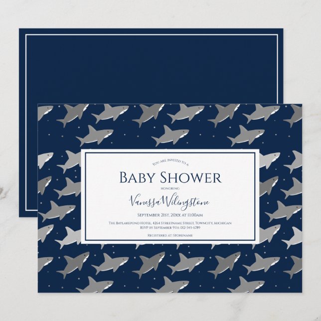 Shark Pattern Dark Blue Grey Baby Shower Invitation (Front/Back)