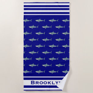 Shark Pattern Navy Blue And White Stripes Name Fun Beach Towel