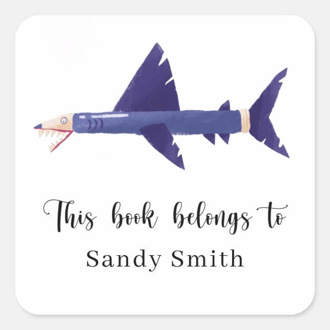 Shark-pencil - This book belongs to Square Sticker (Front)