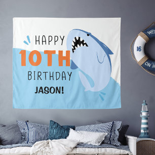 Shark Personalized Kids 10th Birthday Backdrop Tapestry