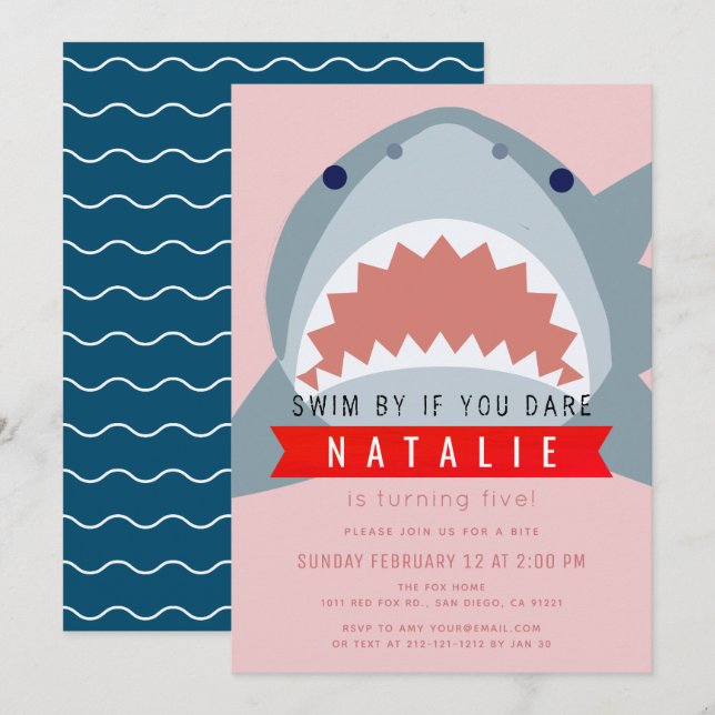 Shark Pink Pool Girl Photo Birthday Invitation (Front/Back)