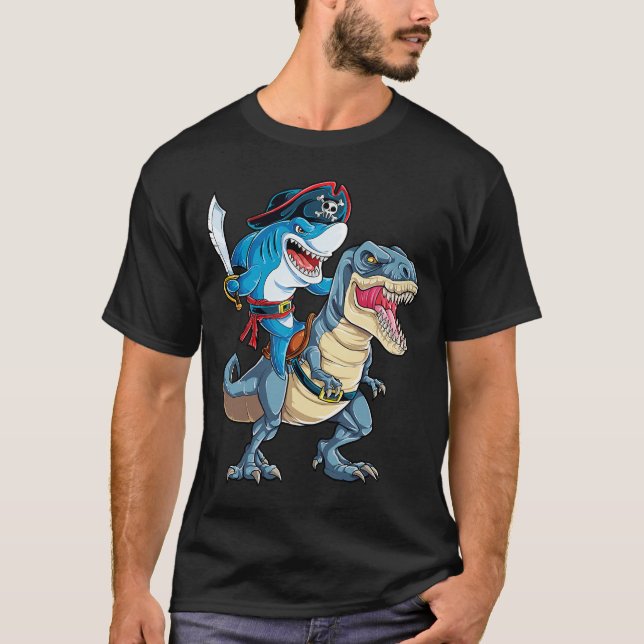 Shark Pirate Dinosaur T rex T Shirt Jawsome Boys  (Front)