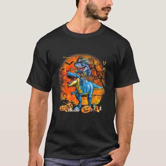 Shark Pirate Riding Dinosaur T Rex Funny Halloween T-Shirt (Front)
