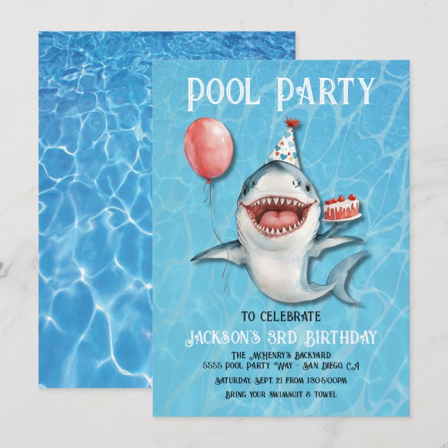Shark Pool Party birthday cake Balloon Invitation (Front/Back)