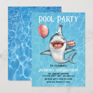 Shark Pool Party birthday cake Balloon Invitation