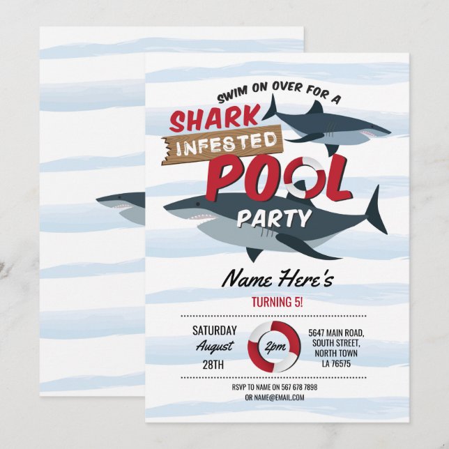 Shark Pool Party Fun Blue Water Birthday Invite (Front/Back)