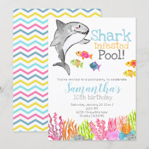 Shark pool party kid birthday invitation
