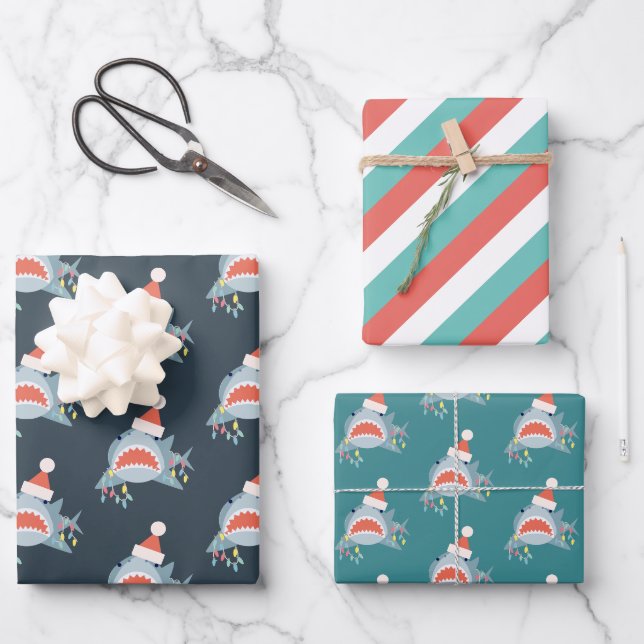 Shark Santa Claus Blue Christmas Holiday Wrapping Paper Sheet (Front)